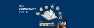 Connected buildings IoT solution showing building controllers, Lighting, HVAC, video surveillance, energy meters, thermostats, door access integrated & controlled on a single interface.